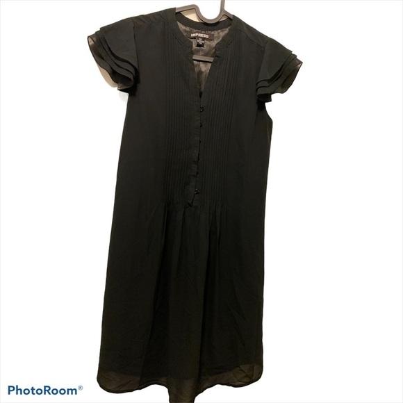 Impress  Black pleated chiffon cap ruffle sleeves dress - Picture 2 of 9